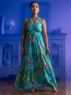 New York & Company Teal Halter Floral Maxi Dress